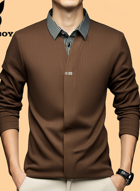 花花公子秋季新款假两件打底衫男衬衫领毛衣宽松针织衫V领羊毛衫