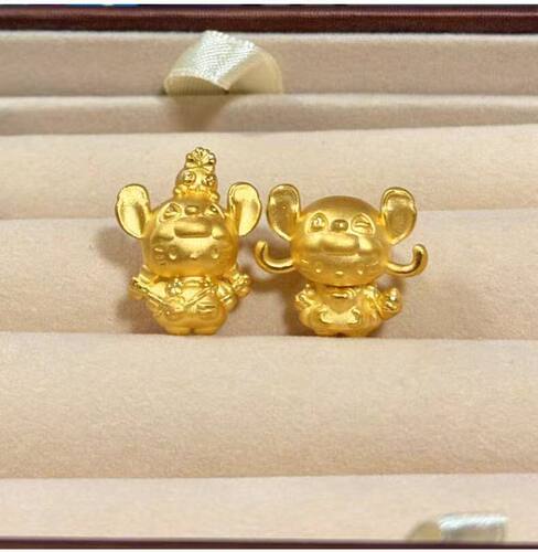 黄金史迪仔猫咪转运珠手链999足金安琪双马尾睡衣小猫串珠3D硬金