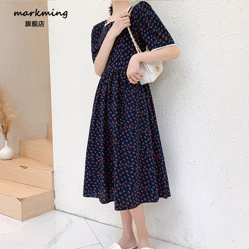 2020新款夏季女复古小方领甜美气质精致露锁骨温柔樱桃印花连衣裙