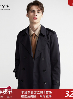 春季新款2024简约中长款男士风衣翻领时尚潮流深蓝色修身男外套潮