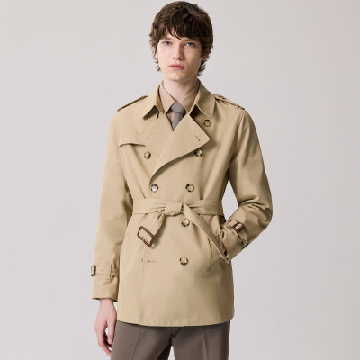 短款战壕风衣防泼水面料真皮扣袢