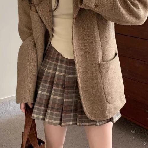 咖色格子百褶裙女a字半身裙秋冬