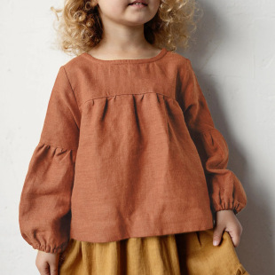 春夏新款北欧风棉麻长袖衬衣女童圆领后背绑带纯色亚麻娃娃衫现货