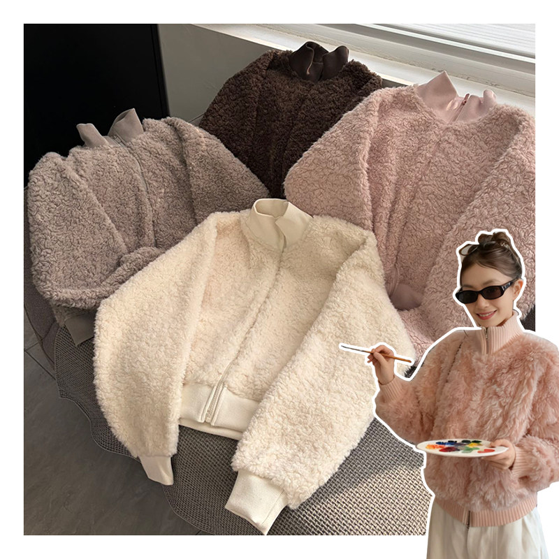 纯色立领毛绒保暖女士短款外套