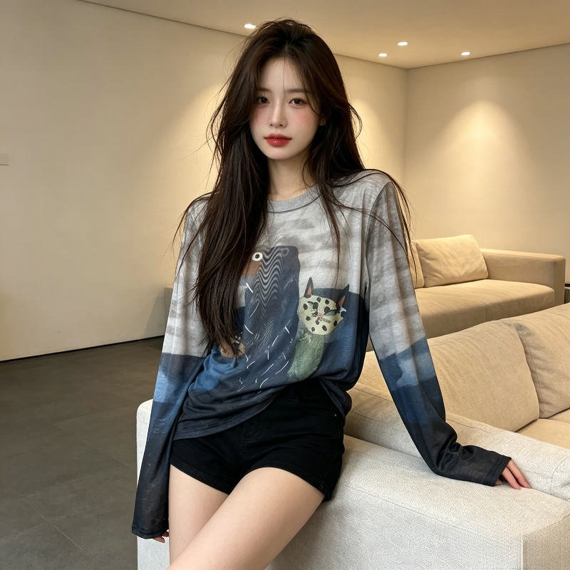 韩系休闲渐变防晒服女宽松大码卡通印花透气薄款冰丝T恤上衣长袖