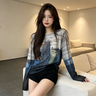 韩系休闲渐变防晒服女宽松大码卡通印花透气薄款冰丝T恤上衣长袖
