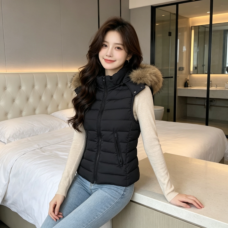 欧货大毛领连帽修身显瘦短款小个子无袖坎肩排骨服外套女棉服马夹