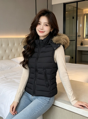 欧货大毛领连帽修身显瘦短款小个子无袖坎肩排骨服外套女棉服马夹