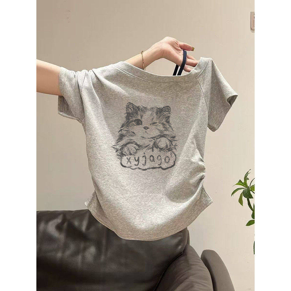小猫咪印花甜辣风设计感露肩减龄小飞袖短款掐腰修身短袖T恤女潮