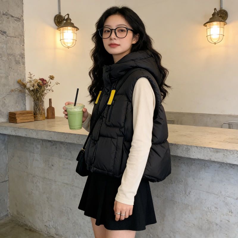 慵懒风设计感连帽宽松大码小个子无袖坎肩棉服马夹外套女背心马甲