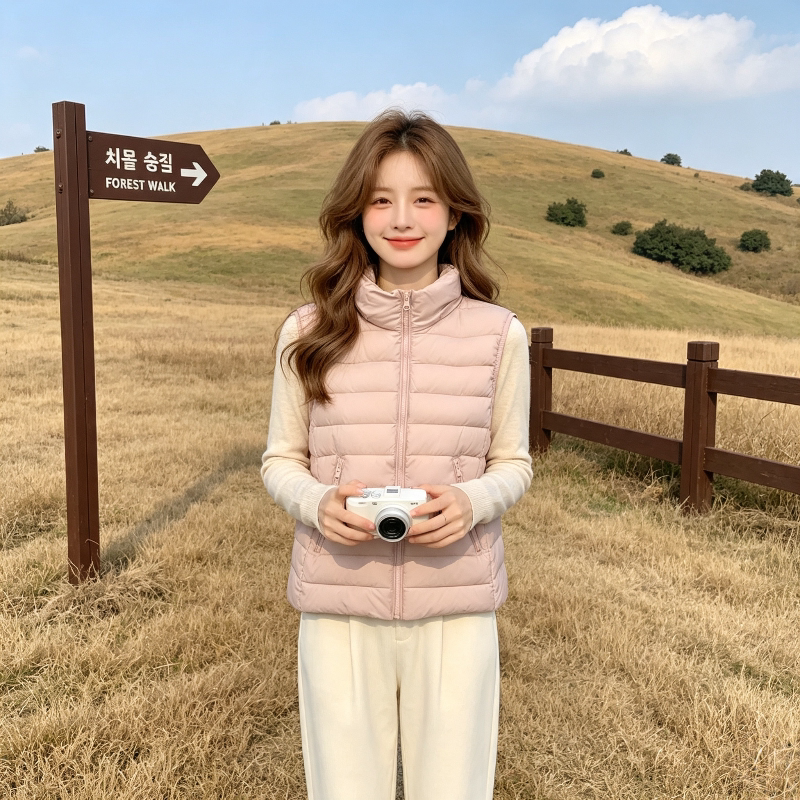 粉色温柔风减龄轻薄款秋冬修身显瘦小个子无袖排骨棉服马夹外套女