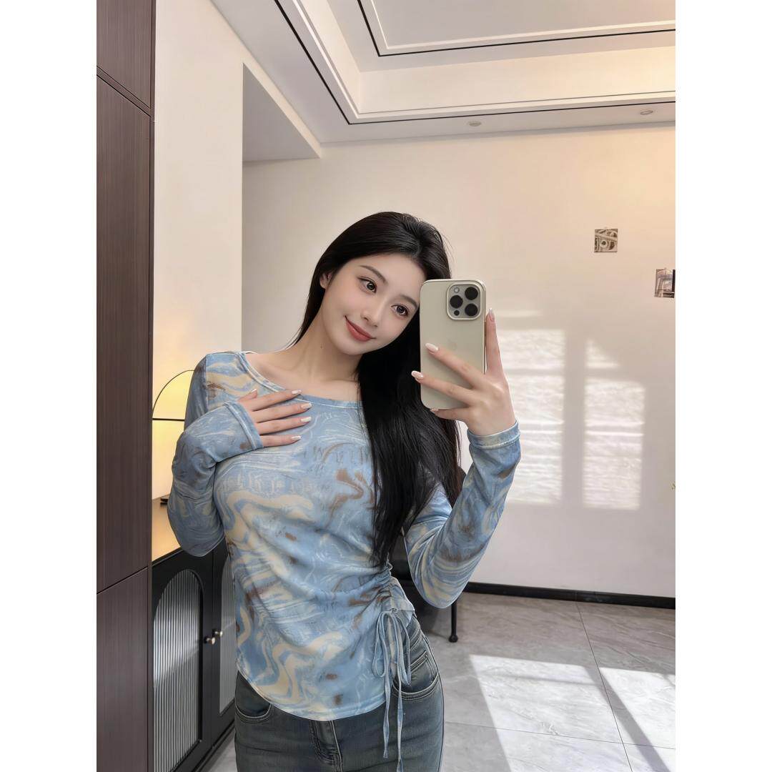 夏季薄款冰丝透气小个子圆领设计感扎染抽褶长袖T恤女防晒罩衫潮