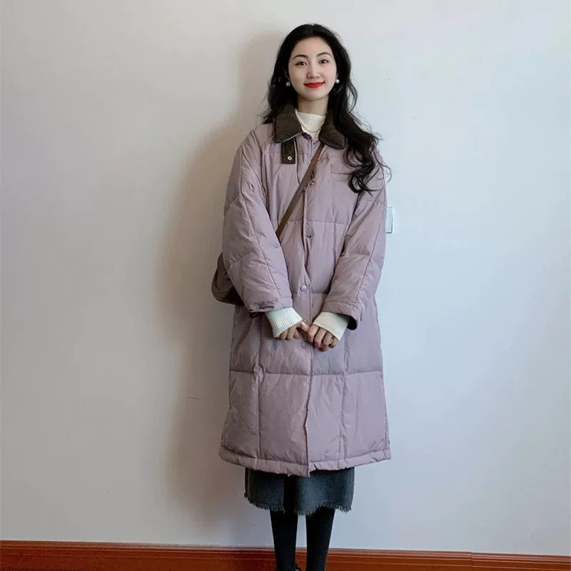 欧货冬季翻领设计感灯芯绒拼接撞色宽松大码小个子棉服外套女棉袄