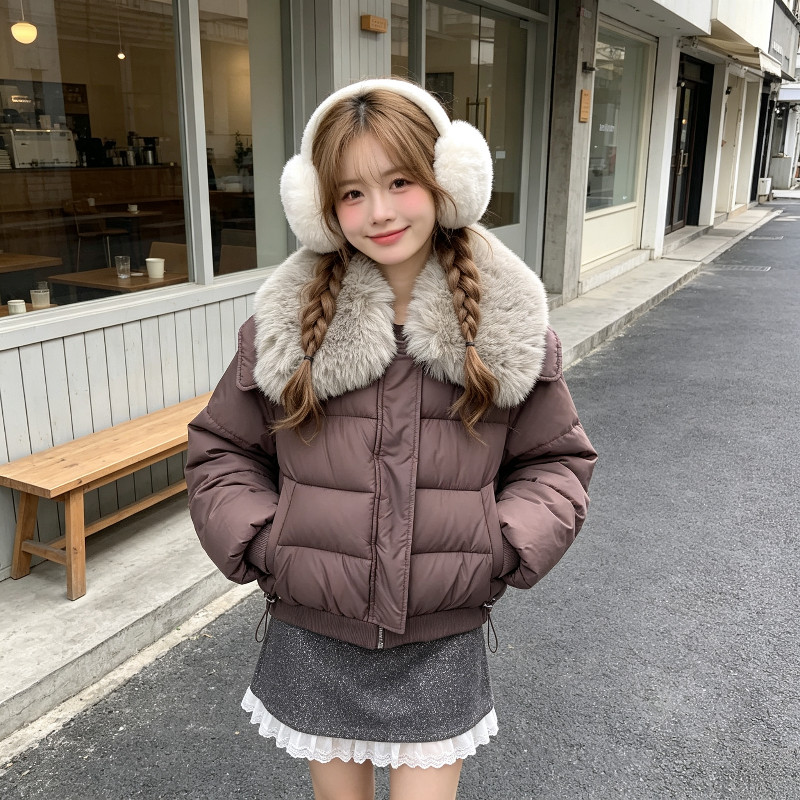 短款大翻领毛领轻奢气质保暖防寒宽松大码小个子棉服外套女面包服