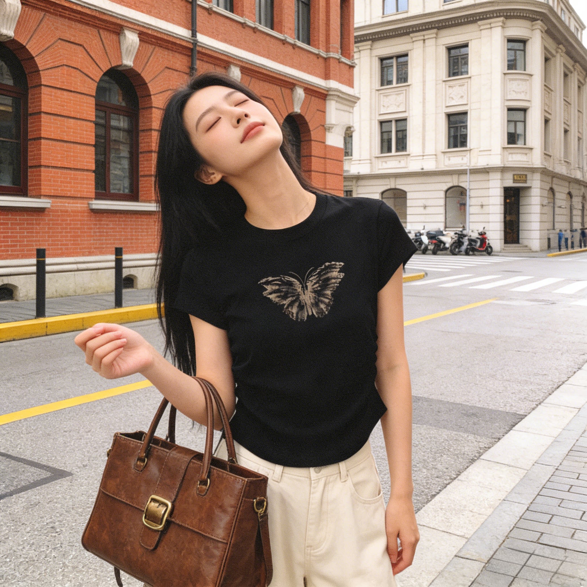 欧货圆领正肩蝴蝶短袖T恤女夏季2026年新款小个子掐腰上衣衫