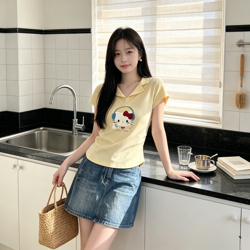 夏季减龄设计感短款修身显瘦小众掐腰小个子Polo衫短袖T恤上衣女