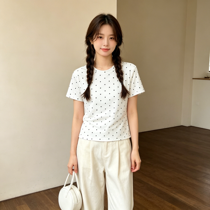 温柔风白色波点正肩圆领减龄小个子休闲百搭短款短袖T恤上衣女潮