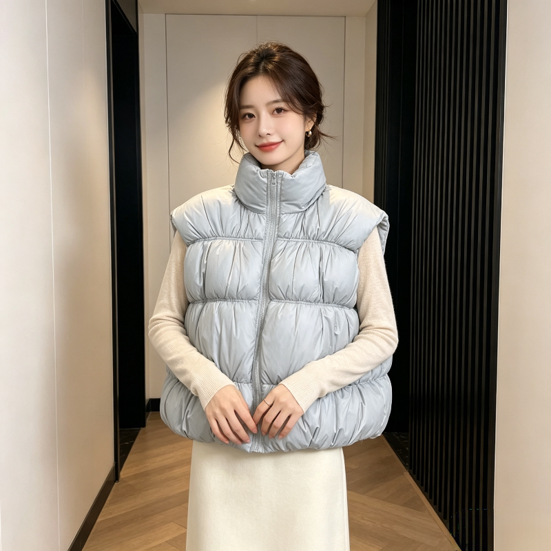 温柔风设计感宽松大码小个子休闲百搭立领无袖坎肩棉服马夹外套女