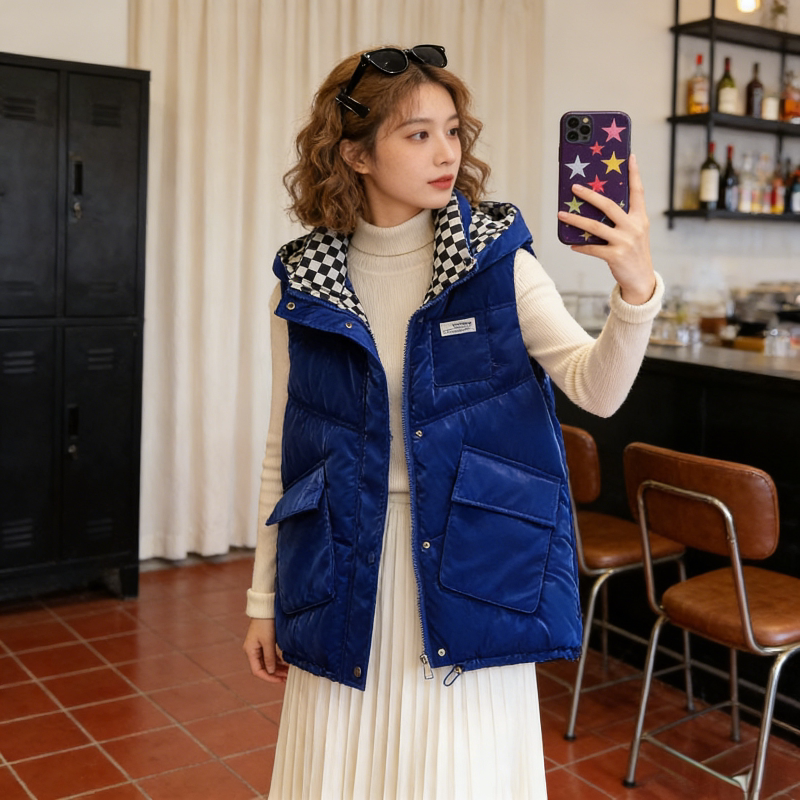 慵懒风设计感连帽宽松大码小个子棋盘格宽松大码棉服马夹外套女潮