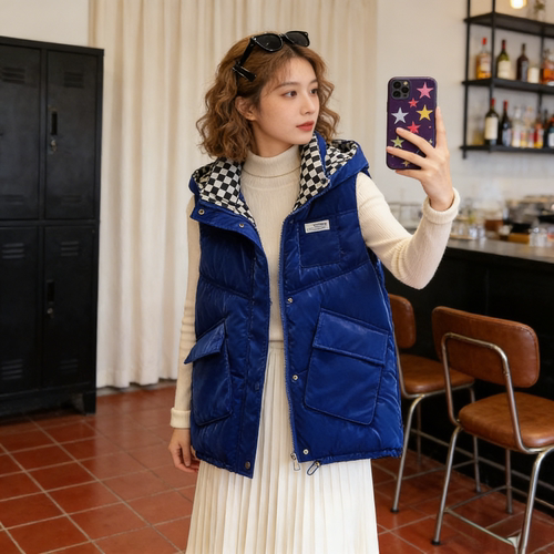 慵懒风设计感连帽宽松大码小个子棋盘格宽松大码棉服马夹外套女潮
