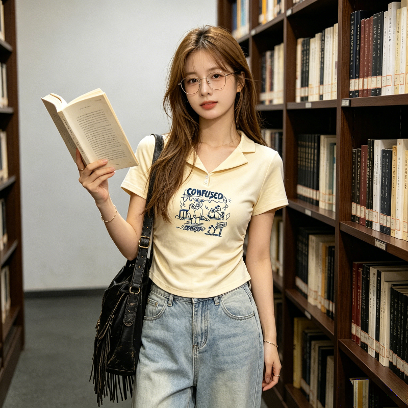 温柔风Polo衫夏季正肩短款小众小个子掐腰修身显瘦短袖T恤上衣女