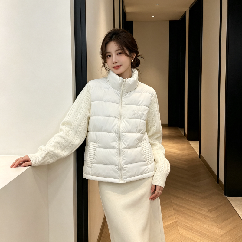 针织麻花袖子拼接设计感休闲宽松小个子立领排骨棉服外套女百搭潮