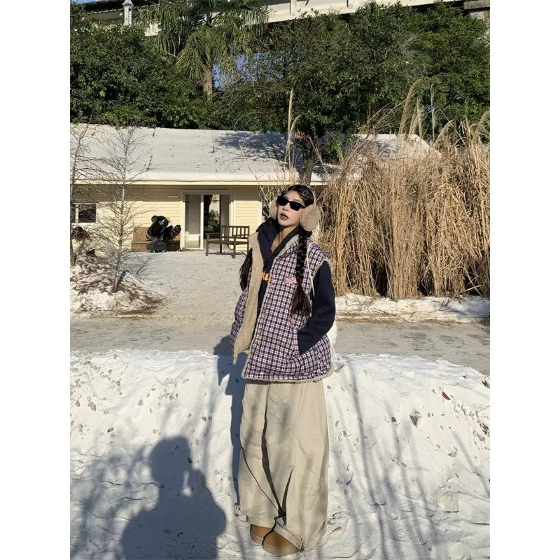 格子羊羔毛立领休闲宽松小个子短款无袖坎肩棉服马夹外套女洋气潮
