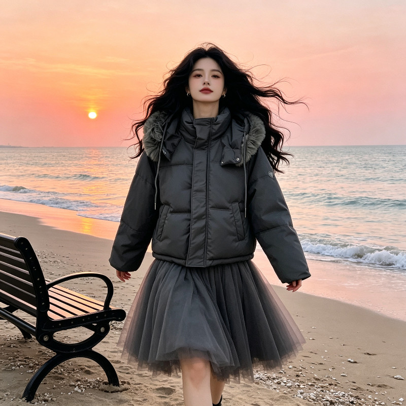 高级灰欧货冬季大毛领气质连帽加厚保暖防寒棉服外套女面包服棉袄