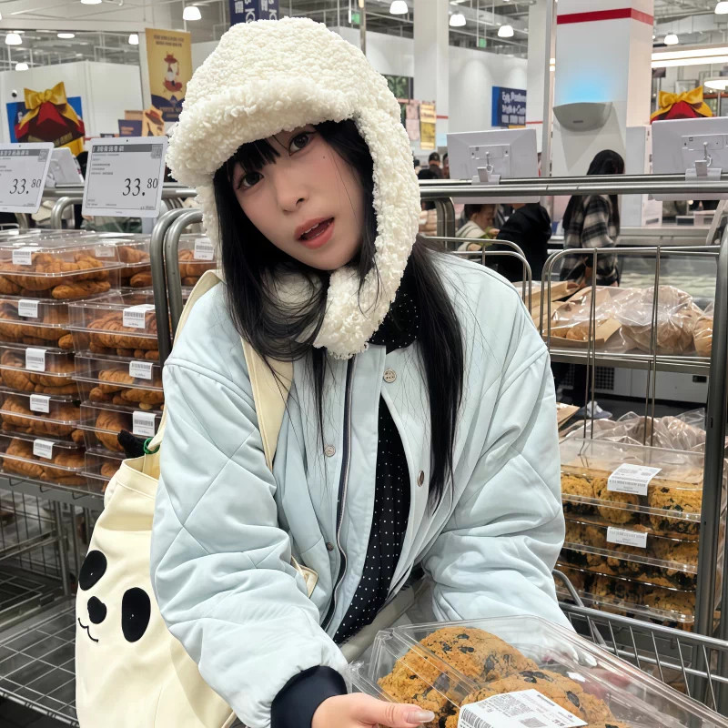 立领拼接撞色设计感菱形格夹棉加厚保暖防寒宽松棒球服棉衣外套女