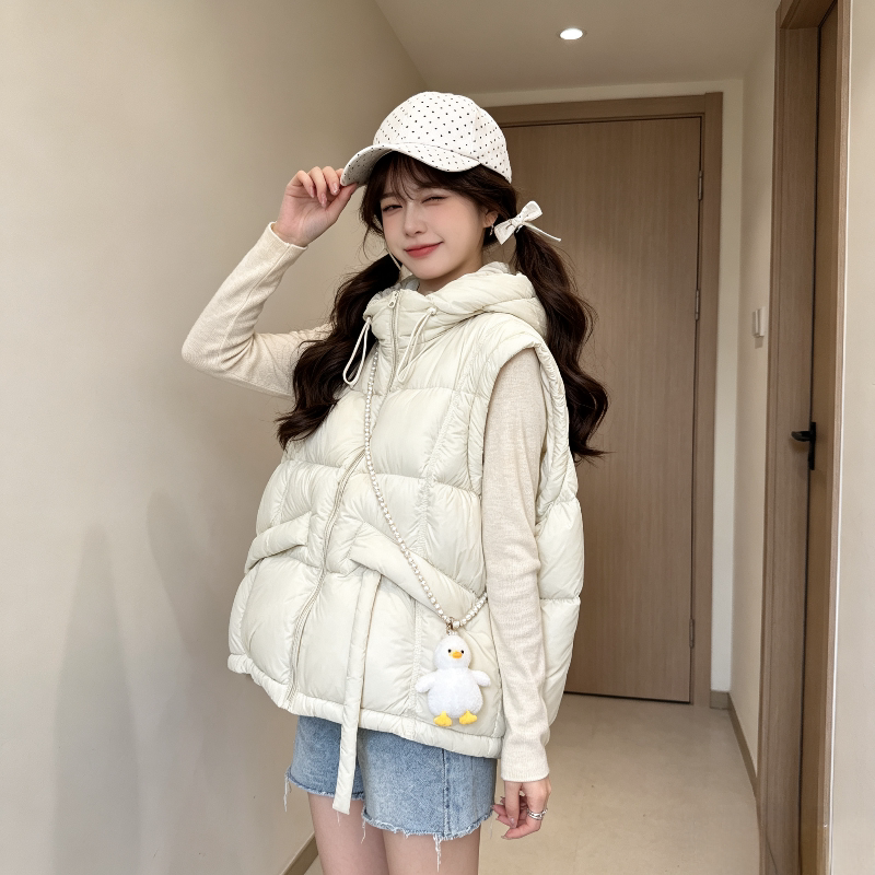 温柔风减龄宽松大码小个子连帽无袖坎肩棉服马夹外套女背心马甲潮