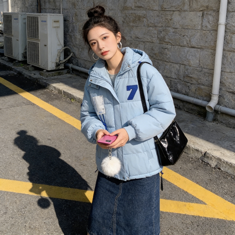 水蓝色减龄连帽慵懒风加厚保暖防寒宽松大码小个子棉服外套女棉袄