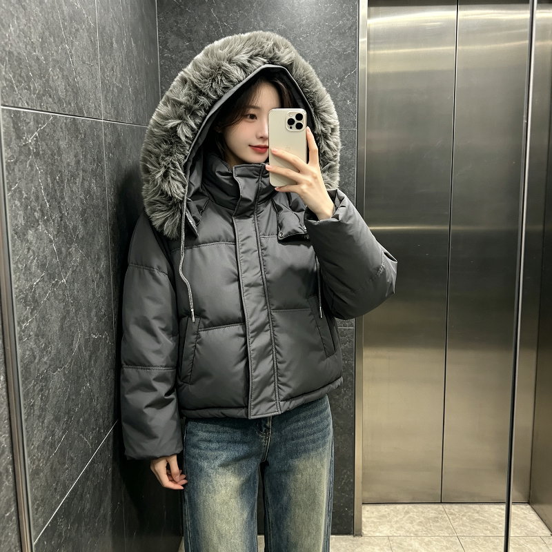 冬季大毛领加厚保暖连帽宽松大码小个子棉服外套女面包服棉袄洋气