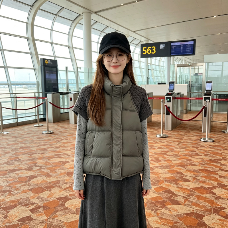 欧货秋冬立领针织短袖拼接休闲宽松大码棉服马夹外套女洋气百搭潮