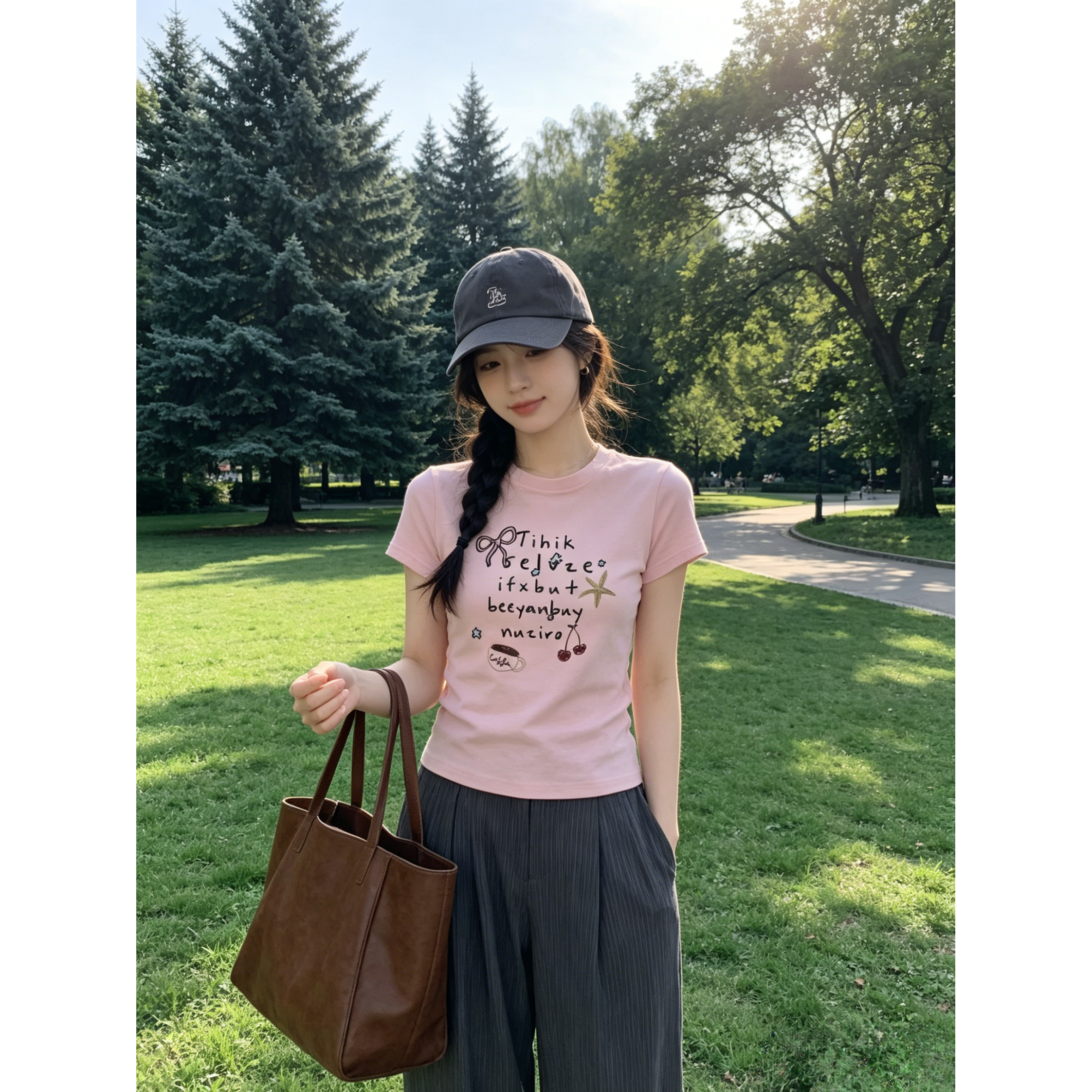 温柔风粉色减龄学生短款小众小飞袖短袖圆领T恤上衣女洋气百搭潮