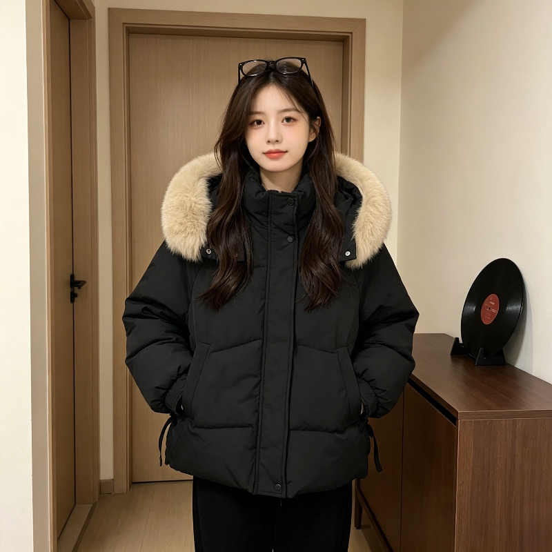 冬季大毛领加厚保暖防寒宽松设计感收腰显瘦棉服外套女面包服棉袄