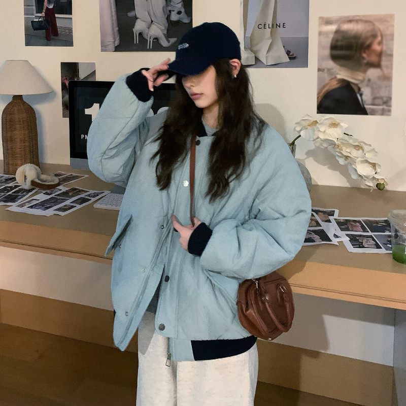 慵懒风拼接撞色菱形格宽松大码夹棉加厚保暖棒球服外套女棉衣棉袄
