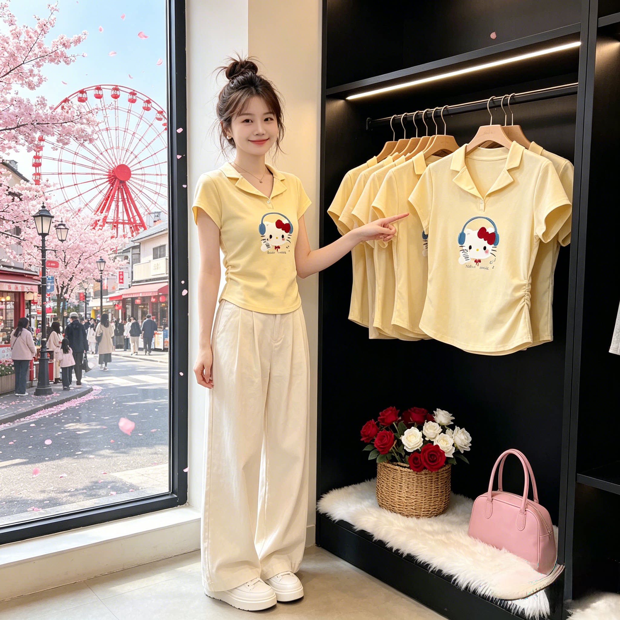 奶黄色减龄设计感短款修身显瘦掐腰正肩短袖T恤女Polo衫温柔风潮
