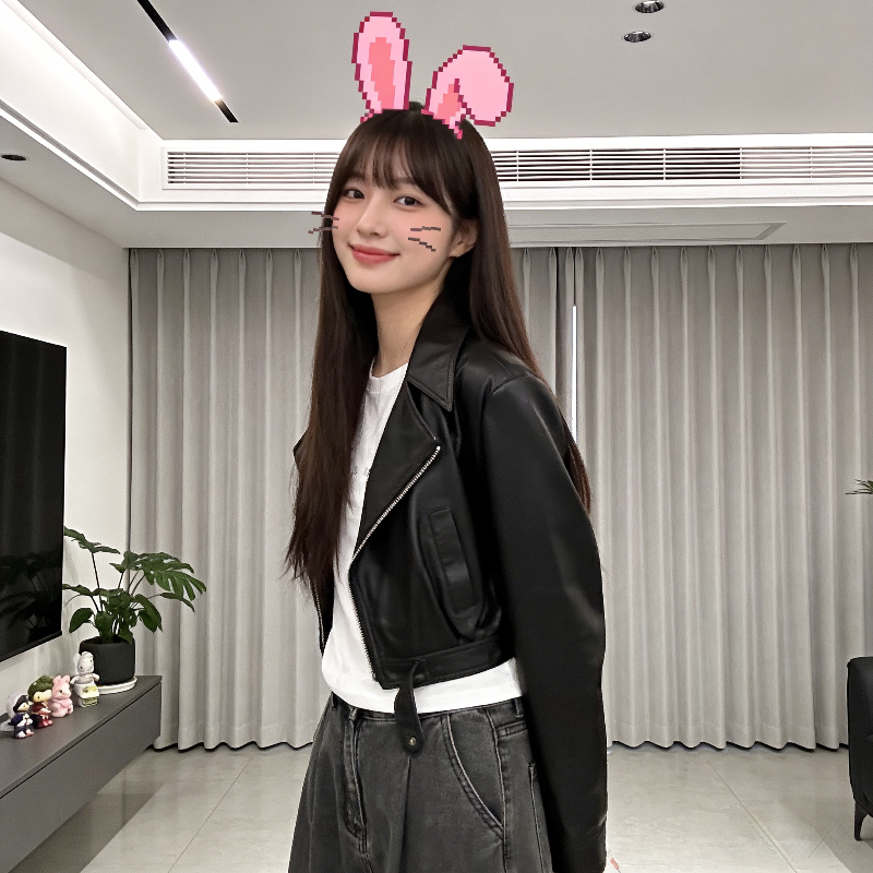 免洗亮面pu皮衣小个子大翻领皮衣外套女短款小众设计感机车夹克潮