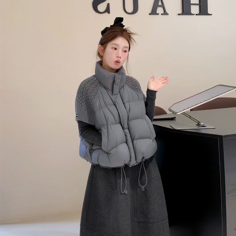 欧货立领设计感针织袖子拼接宽松休闲小个子百搭短袖棉服马夹女潮