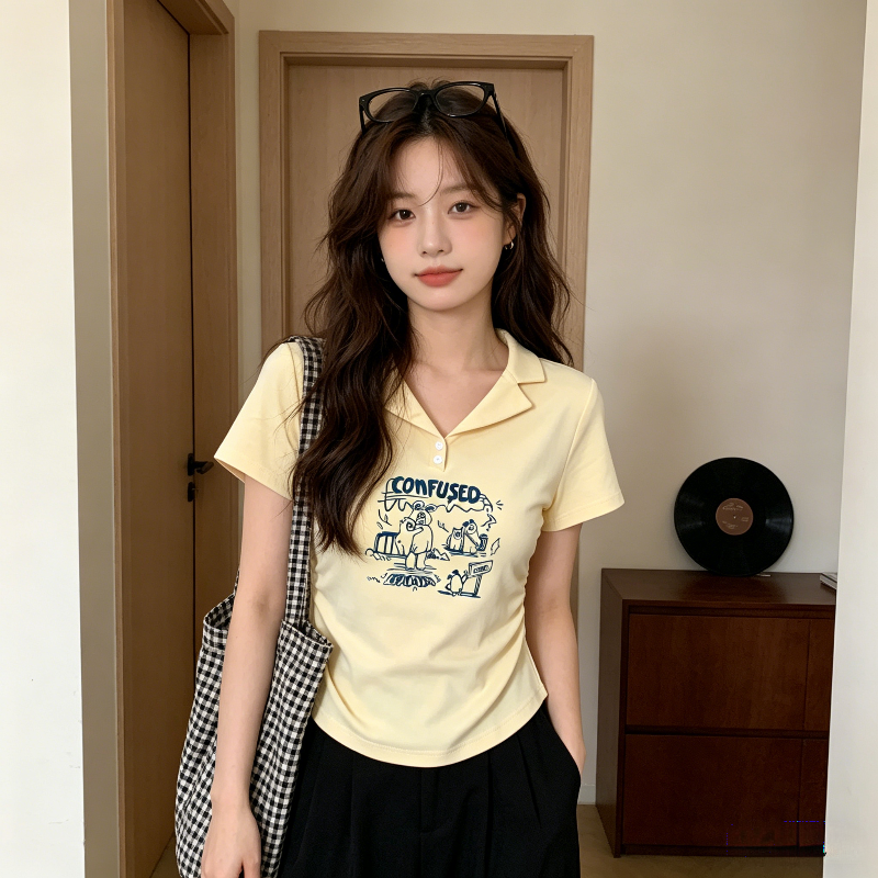 奶黄色设计感夏季正肩短款Polo衫短袖T恤上衣女小个子小众上衣潮