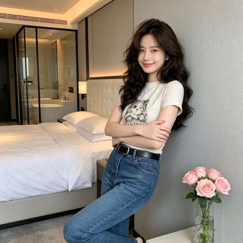 小猫咪印花正肩减龄修身显瘦短款百搭短袖T恤上衣女洋气小个子潮