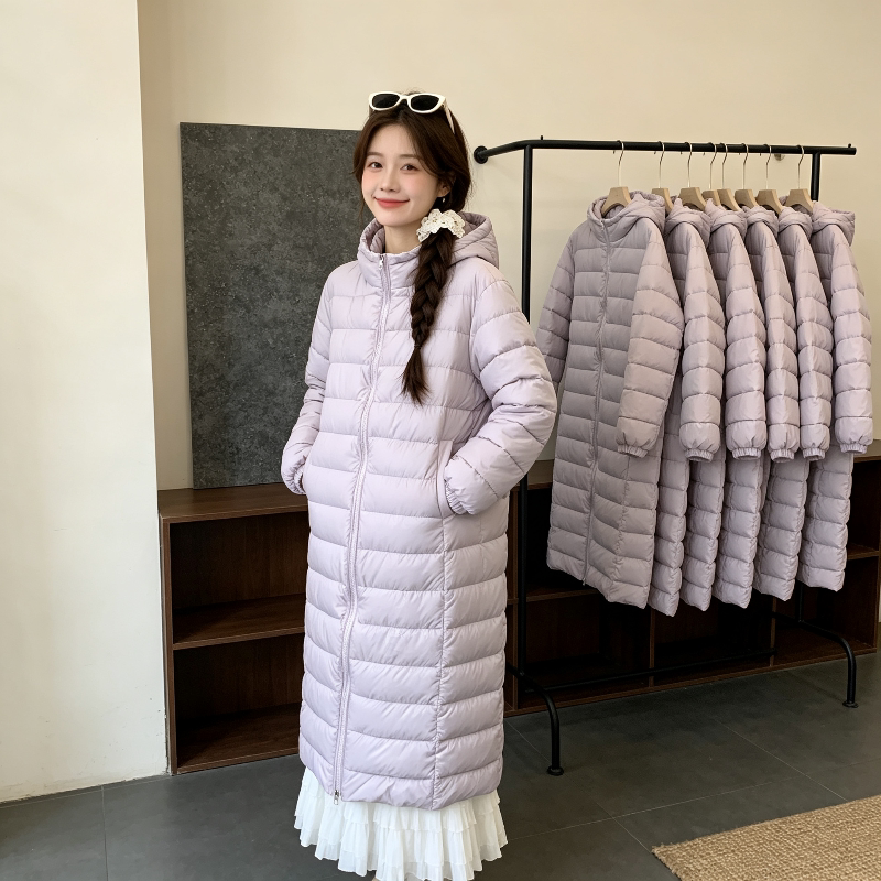 香芋紫连帽中长款过膝减龄设计感休闲宽松小个子棉服外套女保暖潮