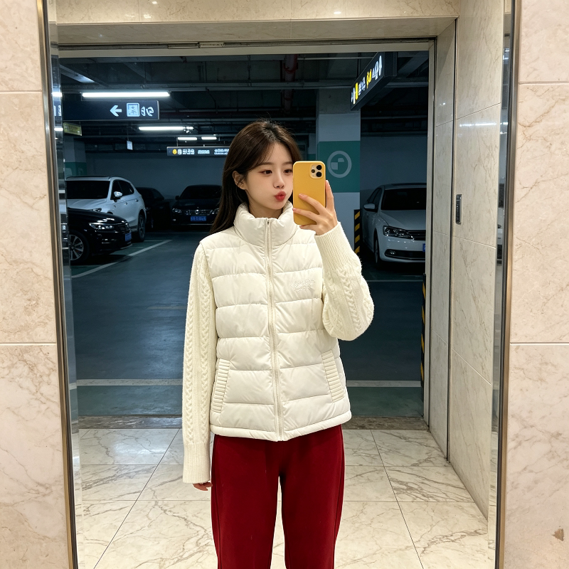 温柔风设计感麻花针织袖子拼接洋气休闲宽松小个子棉服外套女立领