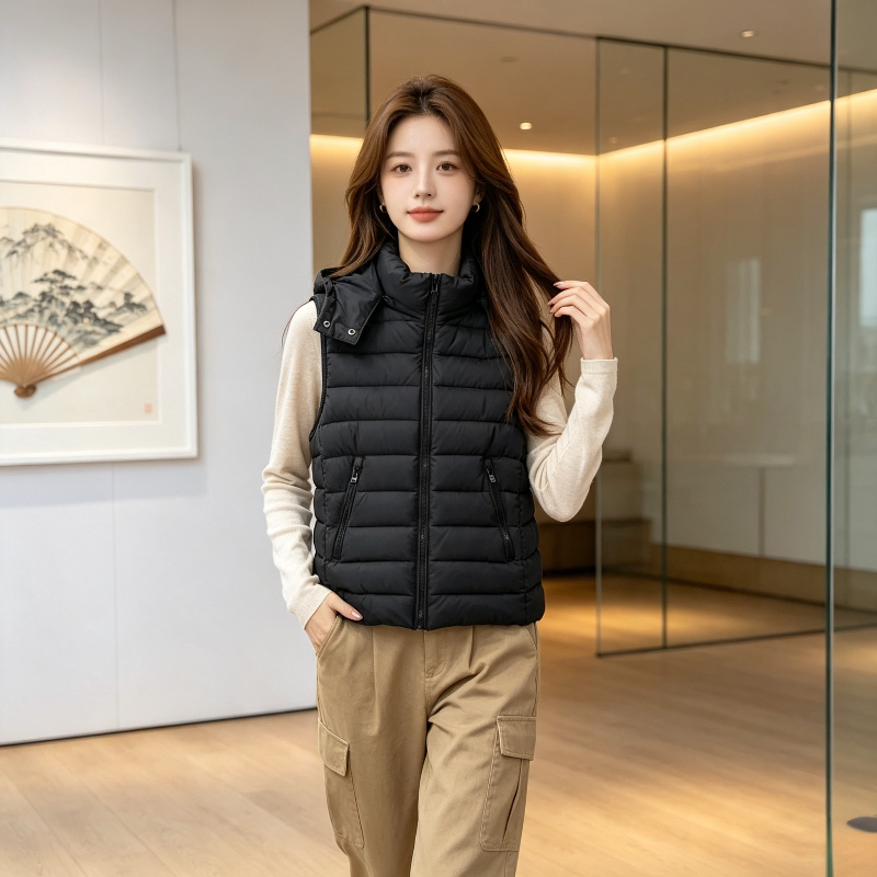 欧货秋冬轻薄款连帽修身显瘦小个子无袖坎肩排骨服棉衣马夹外套女