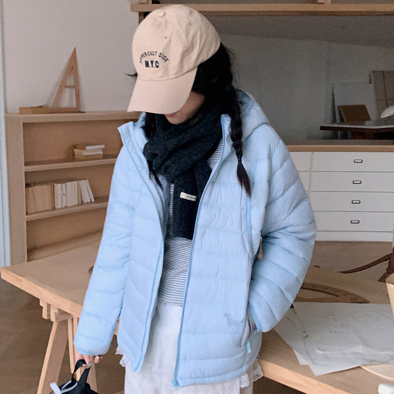 水蓝色连帽轻薄款休闲宽松小个子保暖防寒棉服外套女排骨服洋气潮