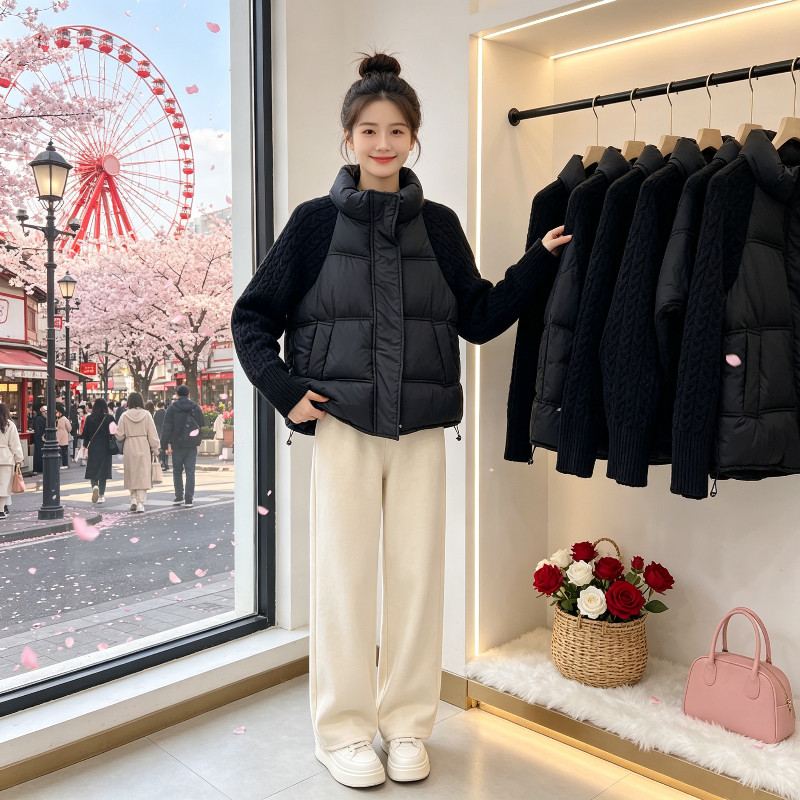 冬季慵懒风设计感立领针织麻花袖子拼接宽松小个子棉服外套女棉袄