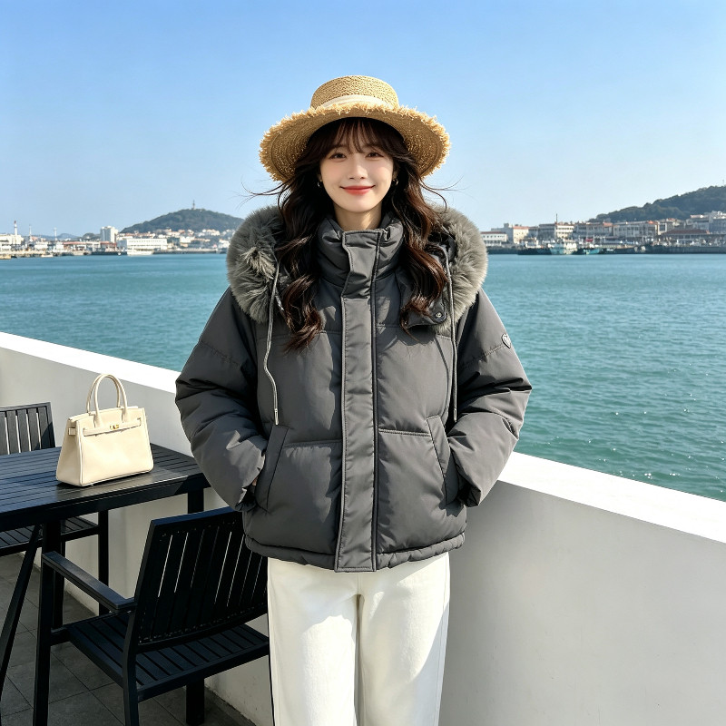 冬季连帽大毛领设计感休闲宽松大码加厚保暖防寒棉服外套女面包服