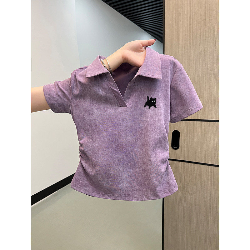 夏季减龄正肩短款掐腰修身显瘦小个子短袖小飞袖上衣女T恤Polo衫