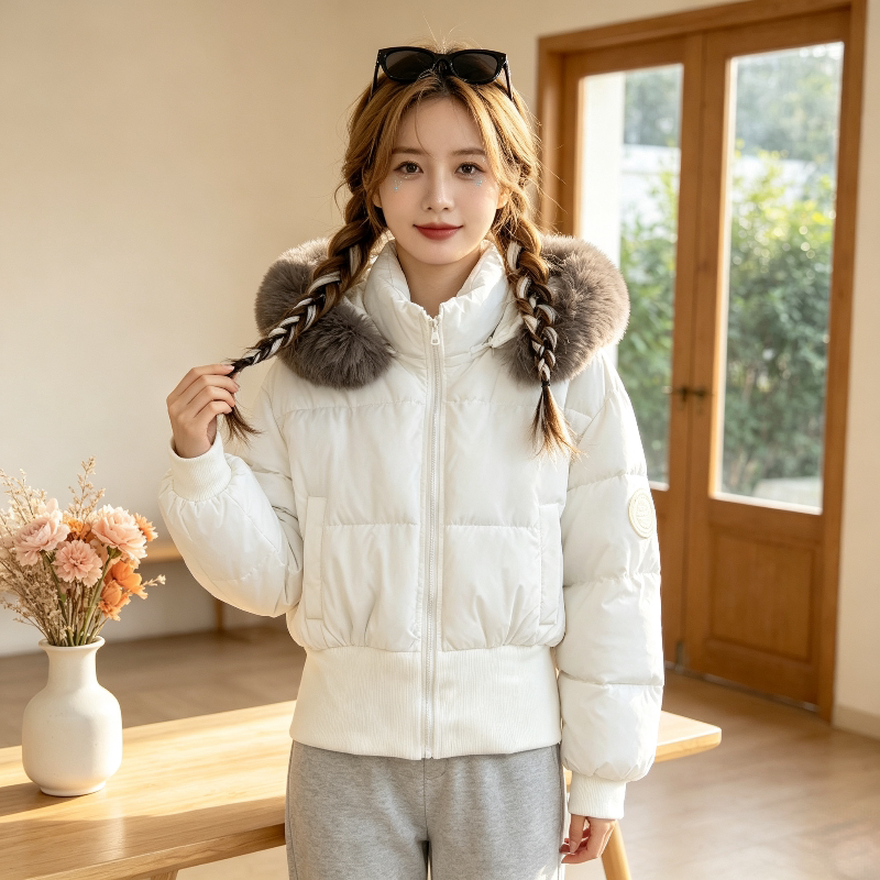 温柔风白色连帽大毛领加厚保暖防寒短款收腰显瘦小个子棉服外套女