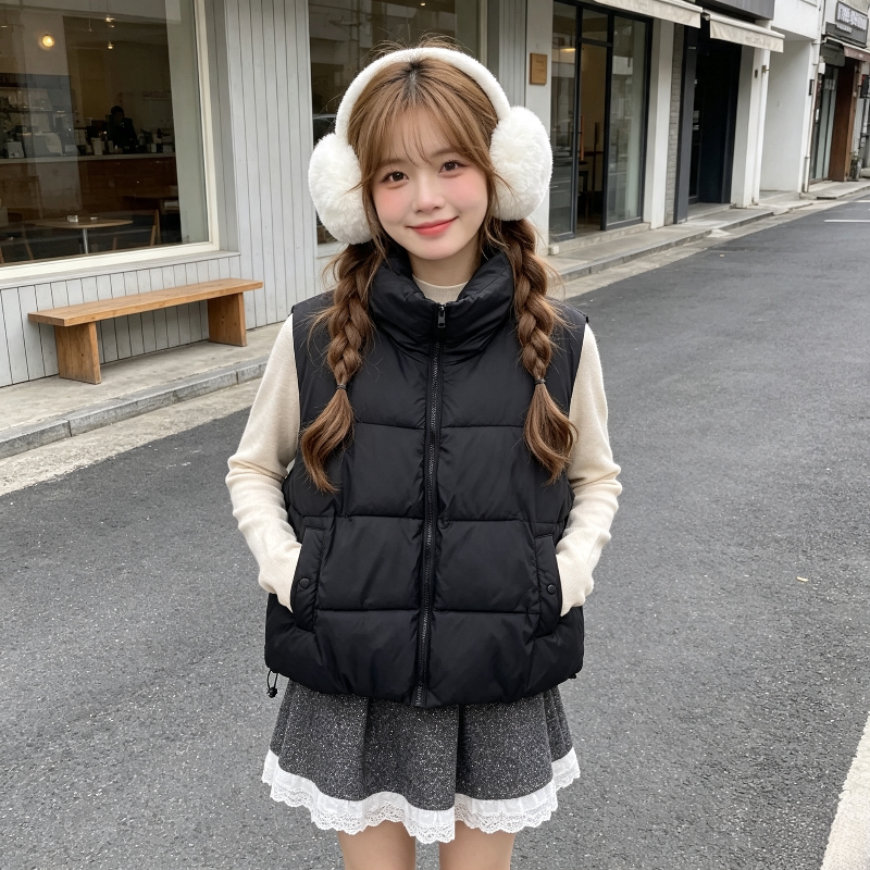 欧货慵懒风宽松大码小个子立领无袖坎肩休闲百搭棉服马夹外套女潮